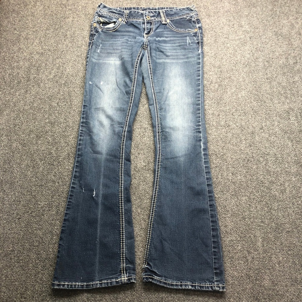 Amethyst Womens Low Rise Flare Jeans Medium Wash Contrast Stitch Size 5